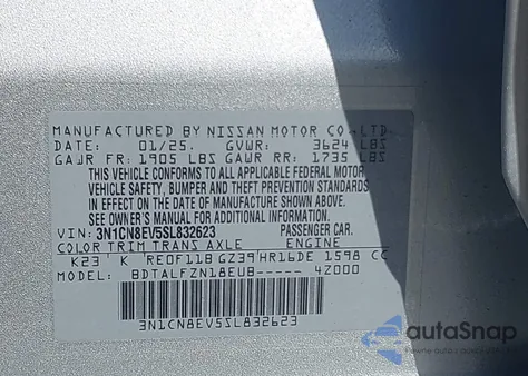 2025 Nissan Versa 1.6 Sv из США, поврежденный, VIN 3N1CN8EV5SL832623